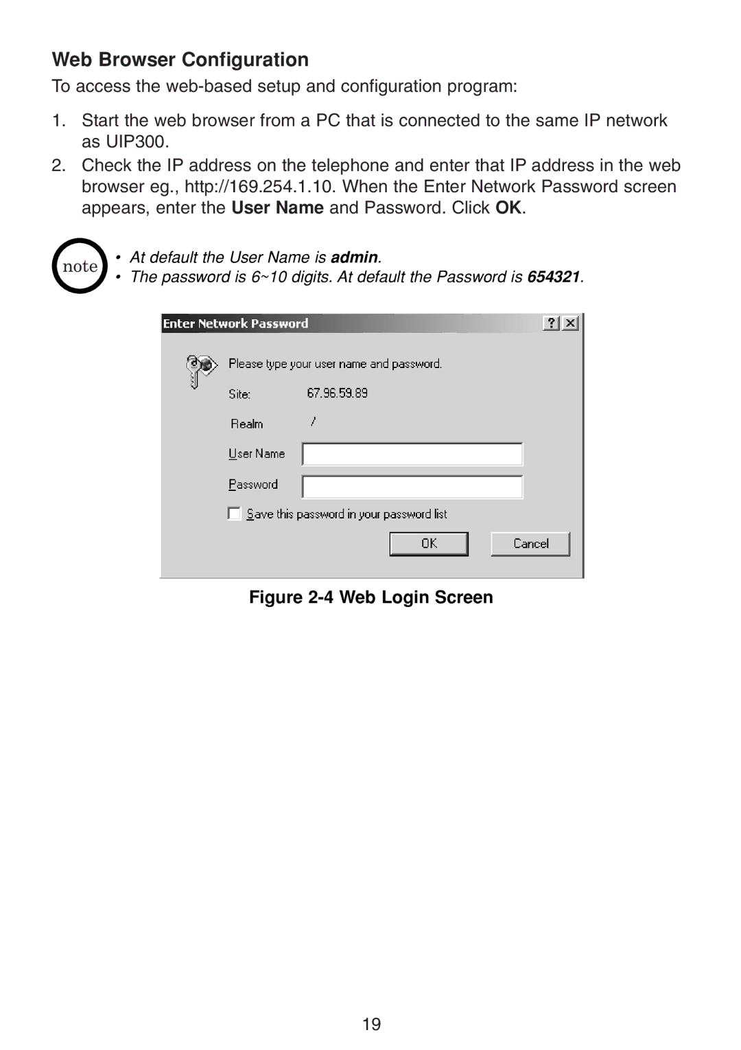 Uniden UIP300 manual Web Browser Configuration, Web Login Screen 