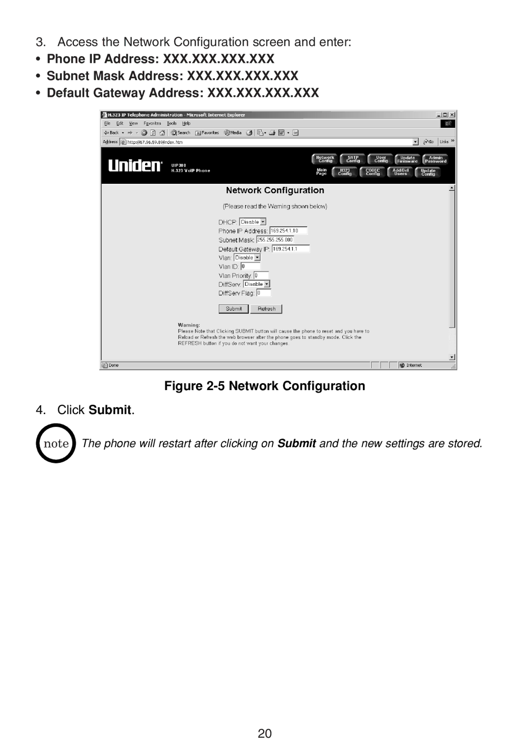 Uniden UIP300 manual Network Configuration 