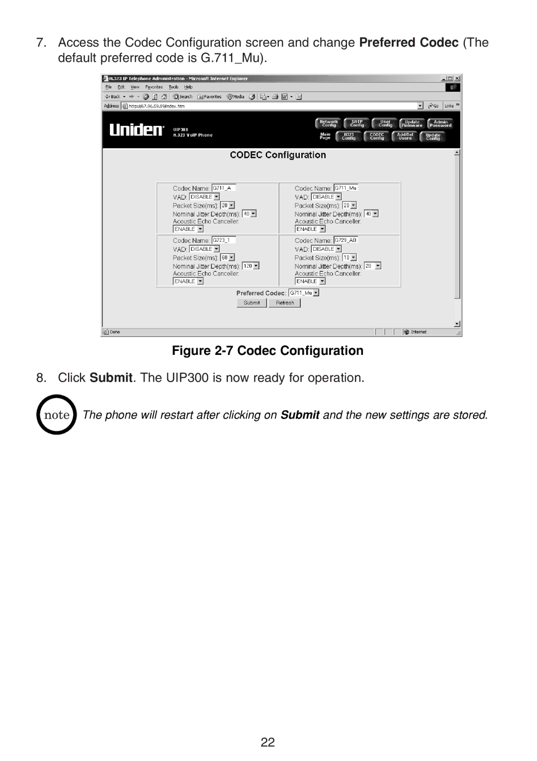 Uniden UIP300 manual Codec Configuration 