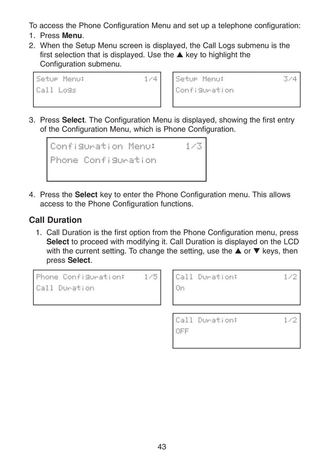 Uniden UIP300 manual Call Duration, Configuration Menu 1/3 Phone Configuration 