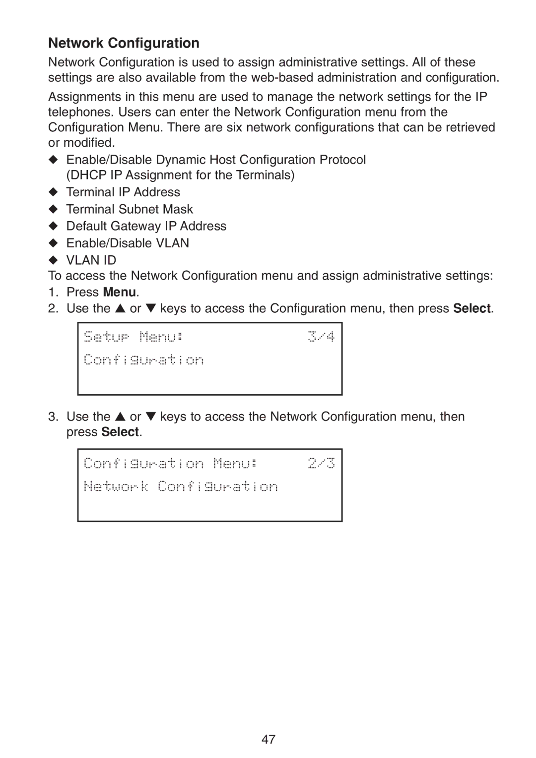 Uniden UIP300 manual Network Configuration, Setup Menu Configuration 