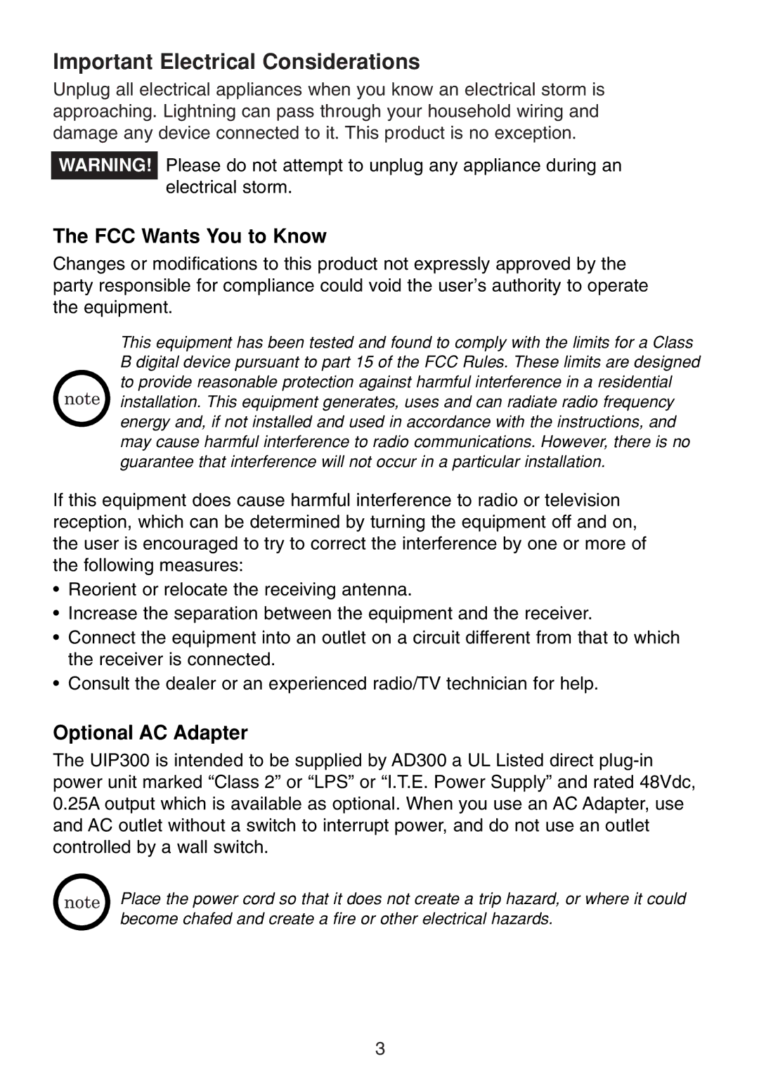 Uniden UIP300 manual Important Electrical Considerations, FCC Wants You to Know, Optional AC Adapter 