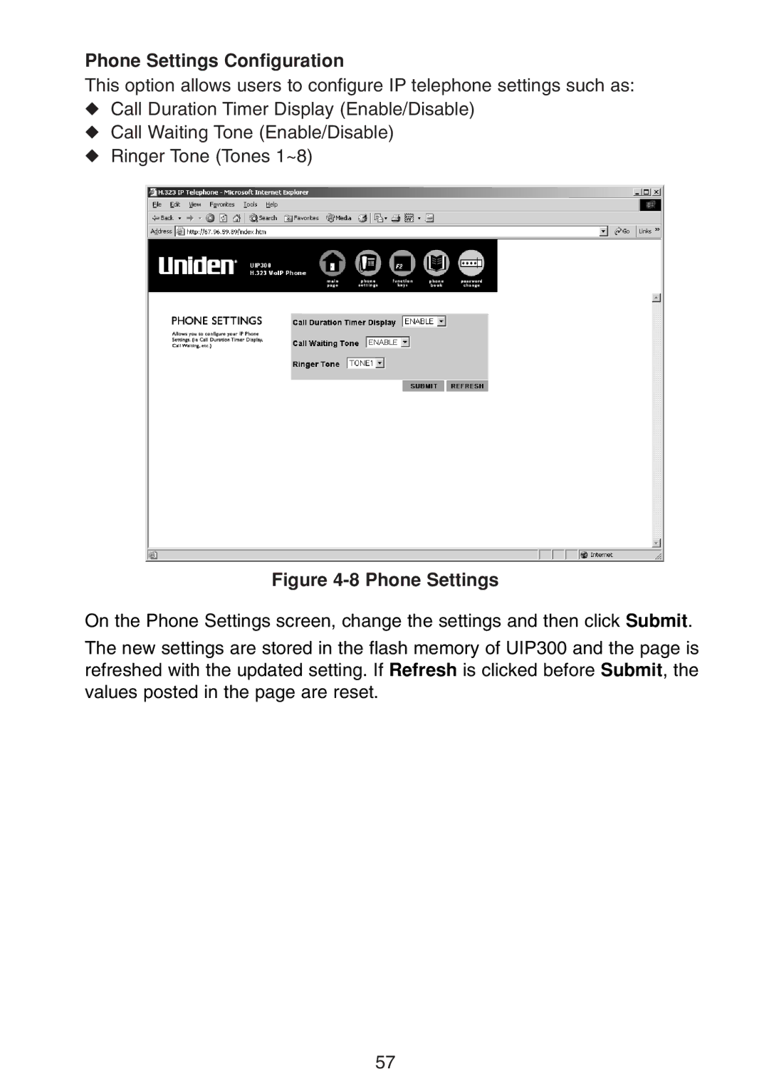 Uniden UIP300 manual Phone Settings Configuration 