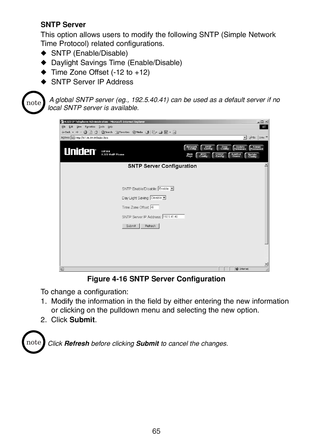 Uniden UIP300 manual Sntp Server Configuration 