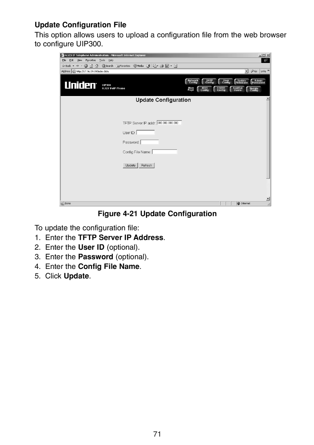 Uniden UIP300 manual Update Configuration File, Enter the Config File Name 