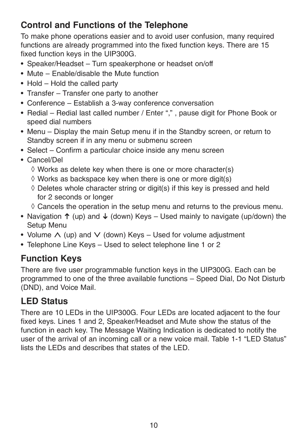 Uniden UIP300G manual Control and Functions of the Telephone, Function Keys, LED Status 