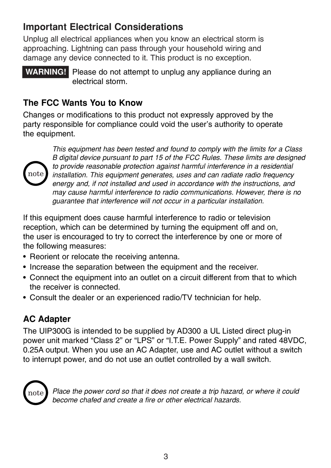 Uniden UIP300G manual Important Electrical Considerations, FCC Wants You to Know, AC Adapter 