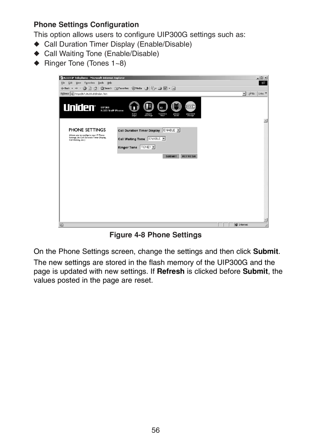 Uniden UIP300G manual Phone Settings Configuration 