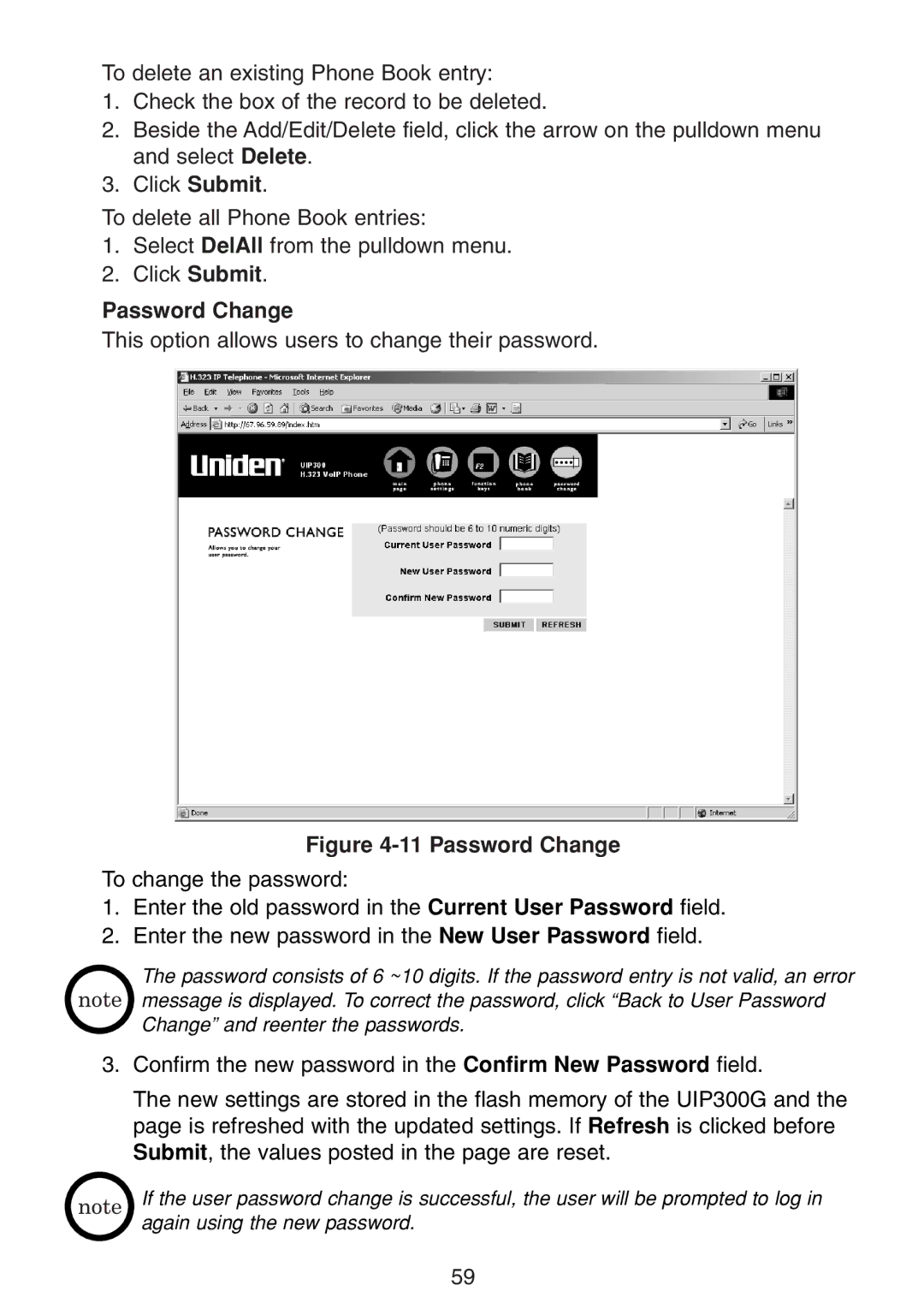 Uniden UIP300G manual Password Change 