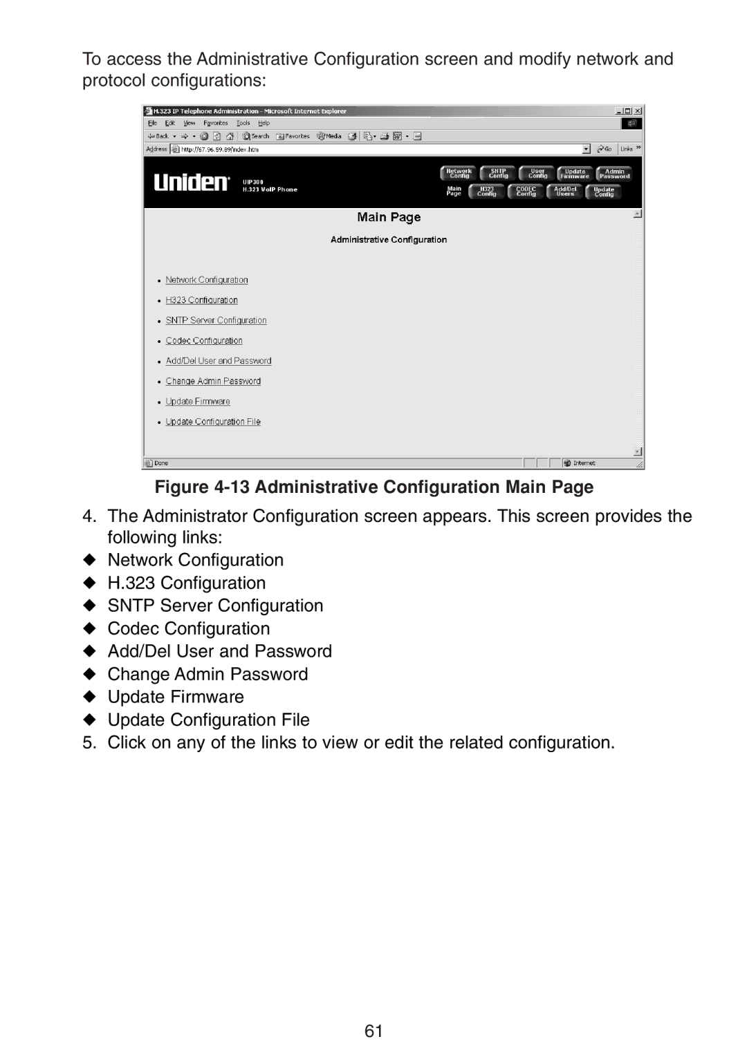 Uniden UIP300G manual Administrative Configuration Main 