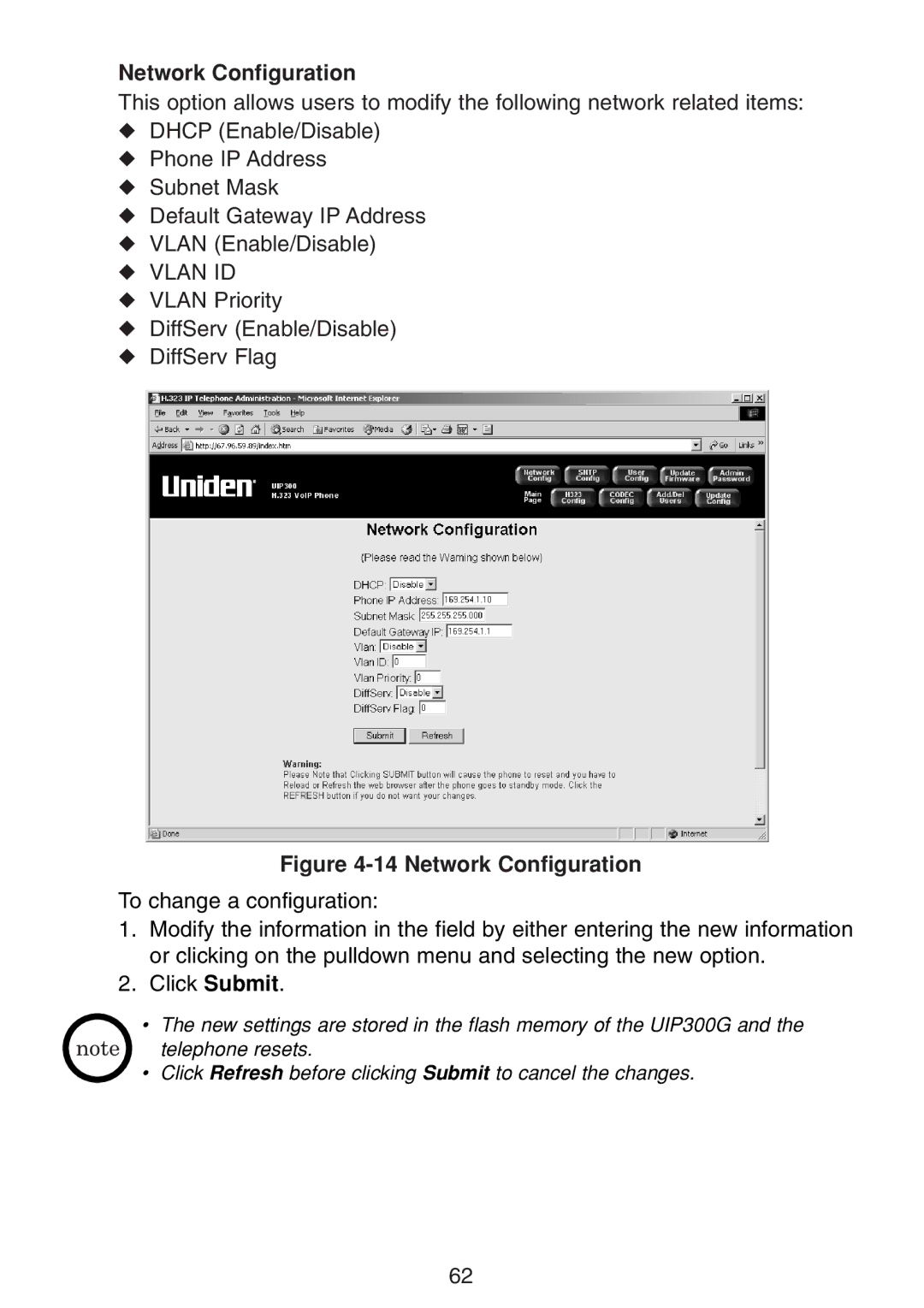 Uniden UIP300G manual Network Configuration 