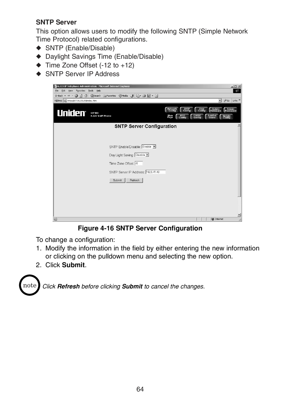 Uniden UIP300G manual Sntp Server Configuration 