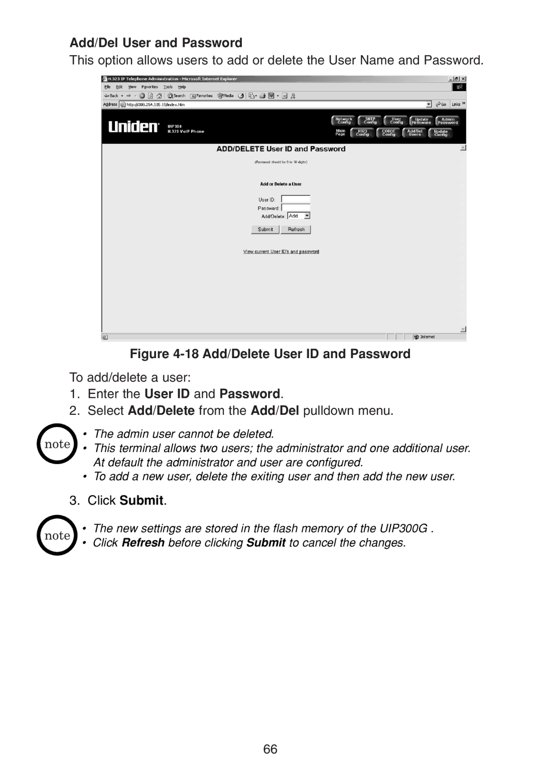 Uniden UIP300G manual Add/Del User and Password, Enter the User ID and Password 