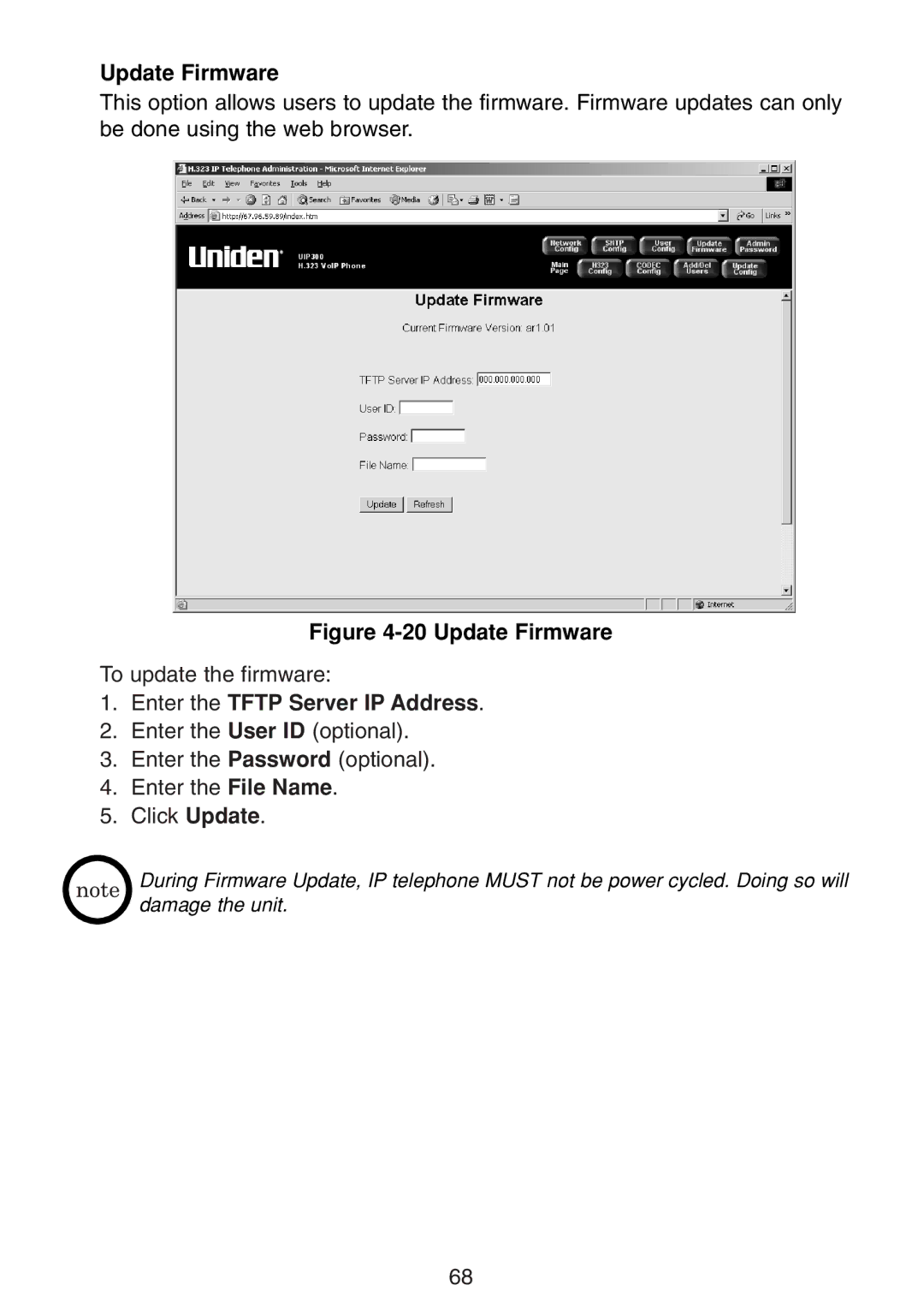 Uniden UIP300G manual Update Firmware, Enter the Tftp Server IP Address 