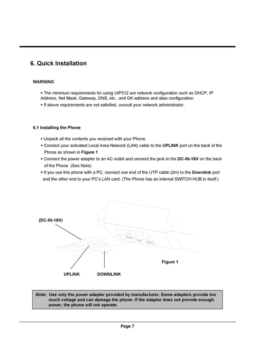 Uniden UIP312 manual Quick Installation, Installing the Phone, DC-IN-18V 