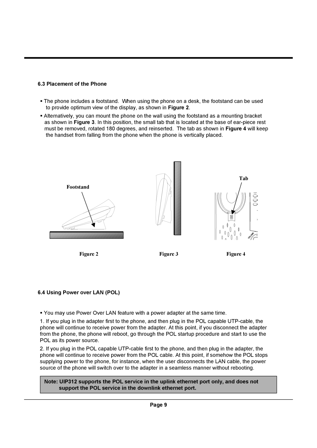 Uniden UIP312 manual Placement of the Phone, Using Power over LAN POL 