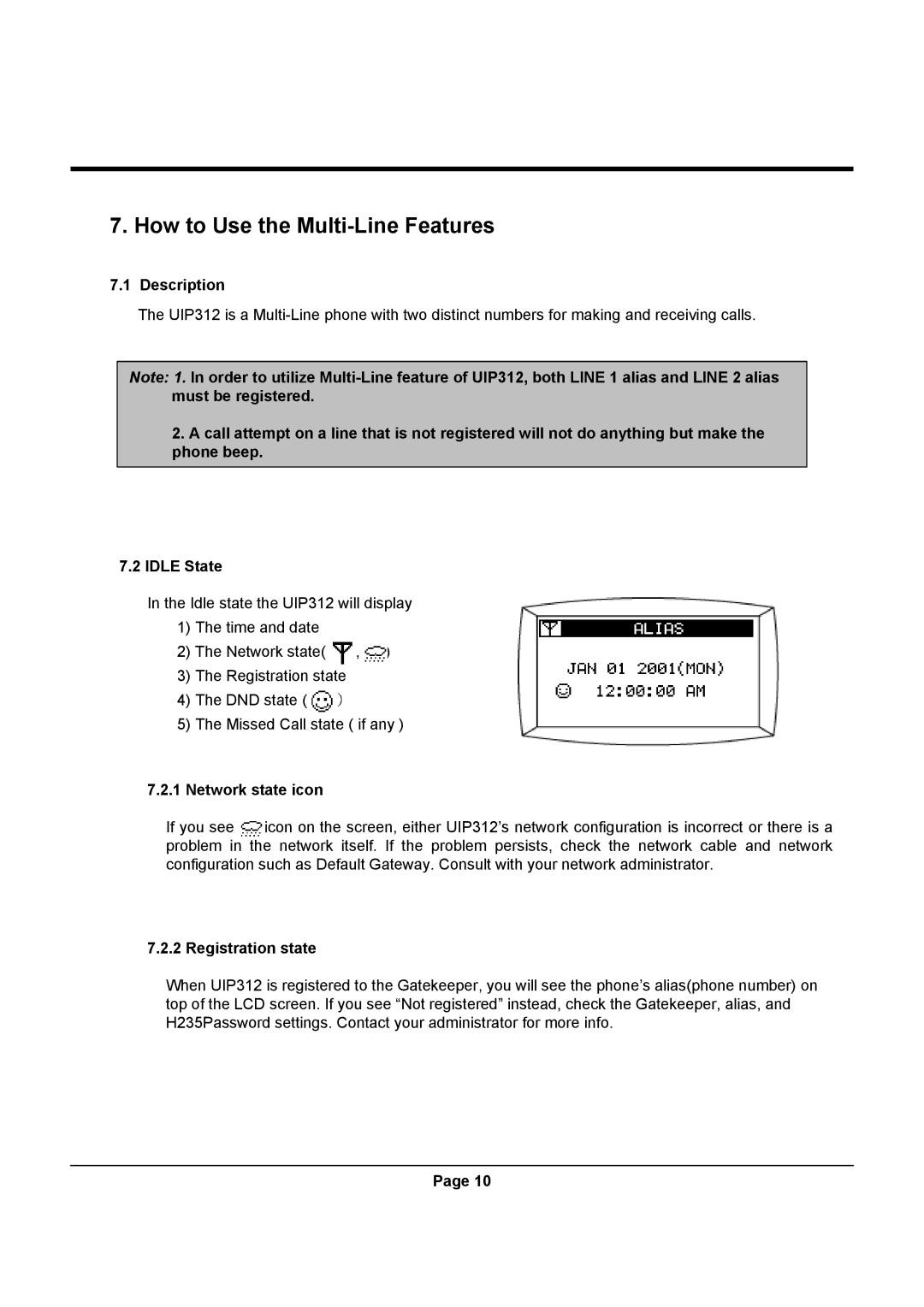 Uniden UIP312 manual How to Use the Multi-Line Features, Description, Network state icon, Registration state 