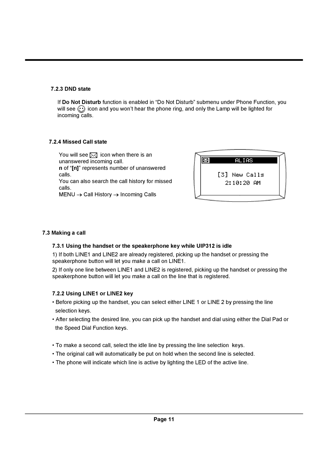 Uniden UIP312 manual DND state, Missed Call state, Using LINE1 or LINE2 key 