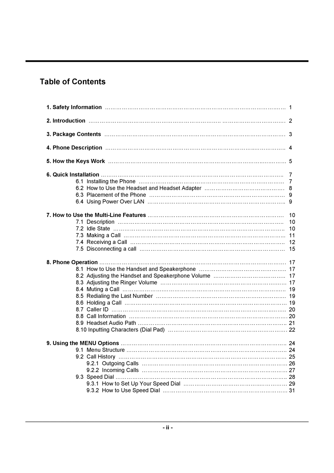 Uniden UIP312 manual Table of Contents 