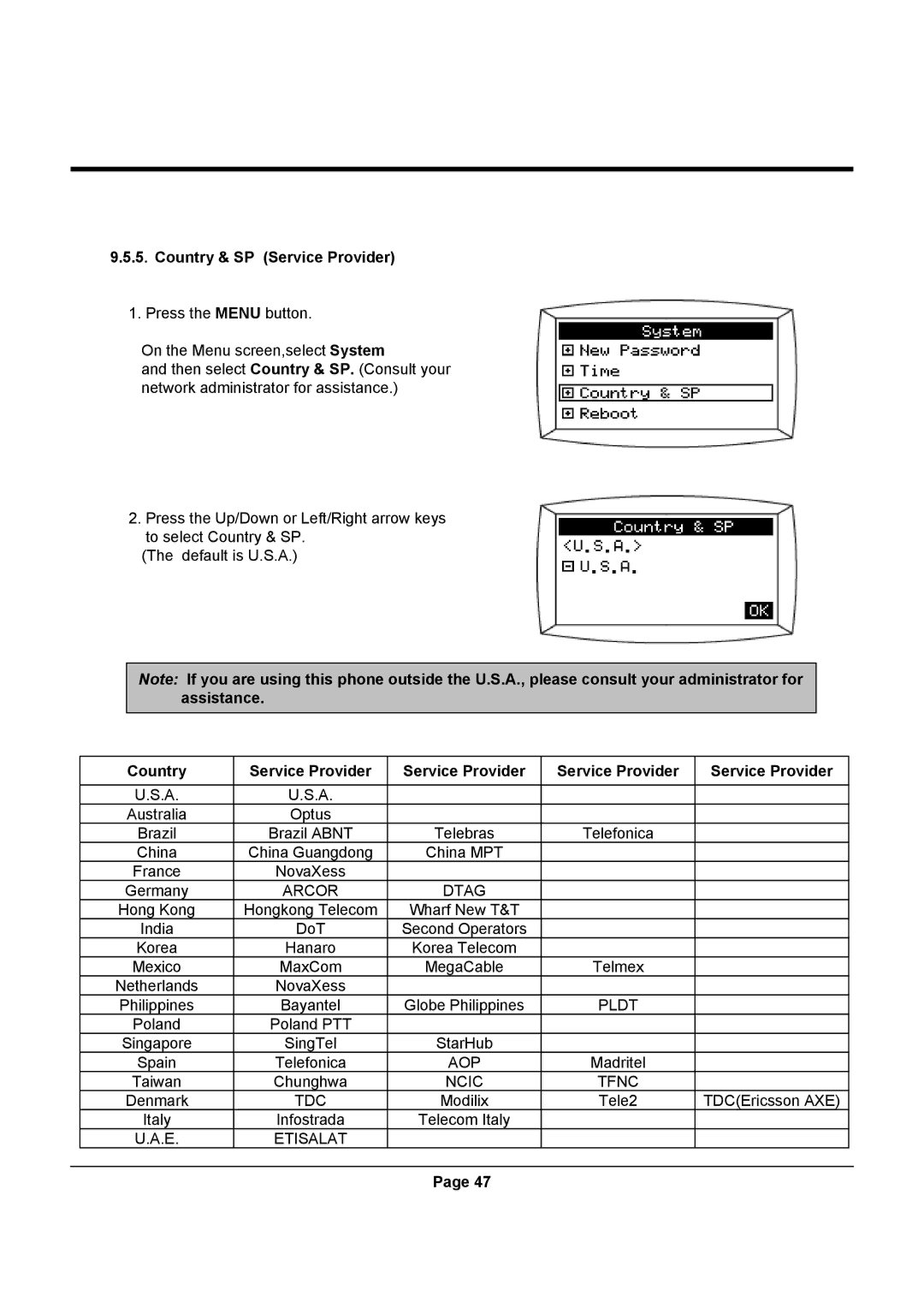 Uniden UIP312 manual Country & SP Service Provider, Country Service Provider 