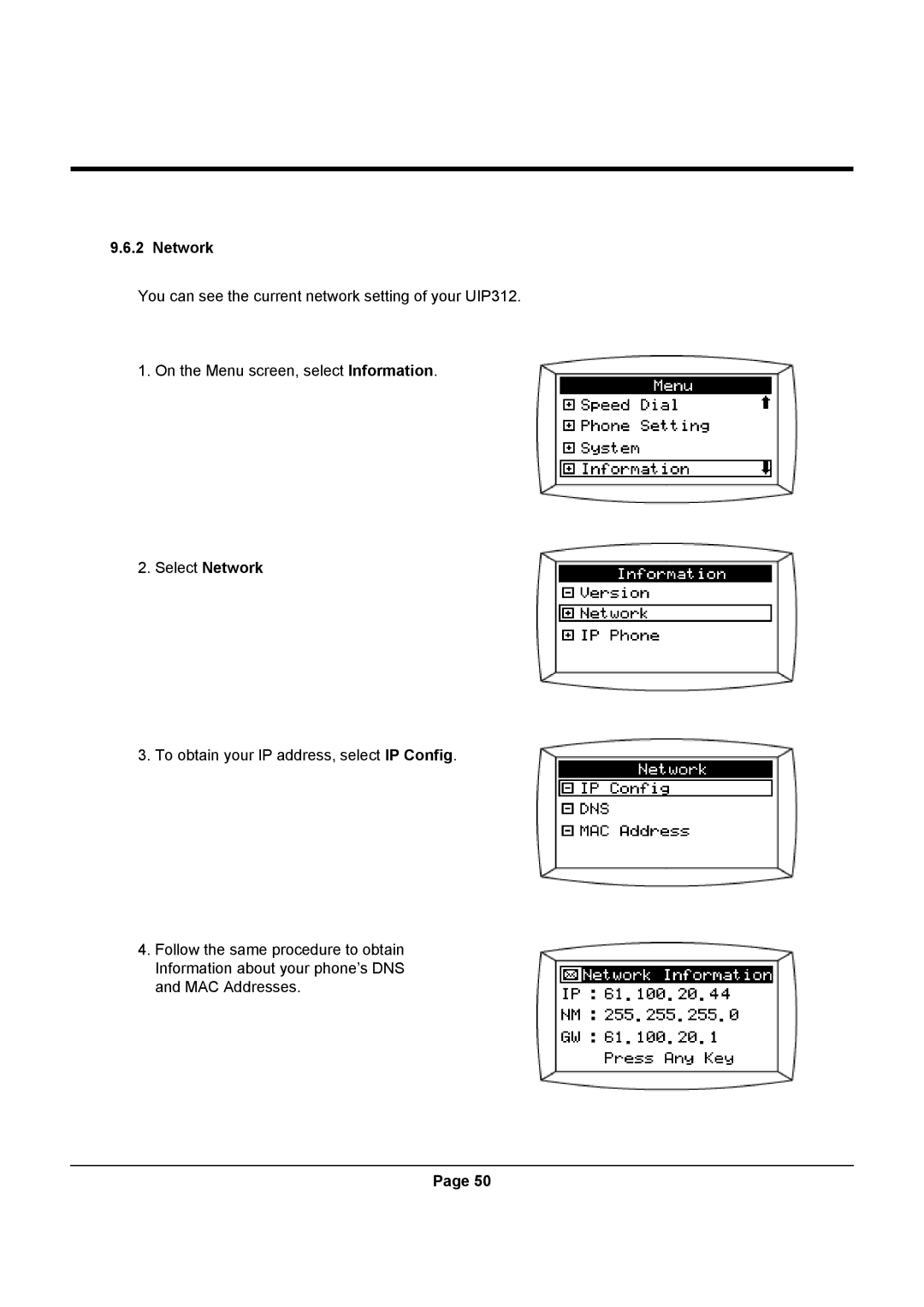 Uniden UIP312 manual Network 