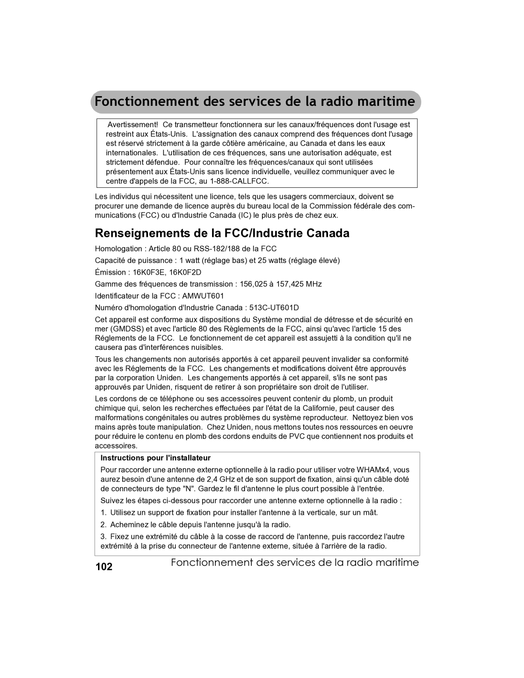 Uniden UM-525 manual Fonctionnement des services de la radio maritime, Renseignements de la FCC/Industrie Canada 