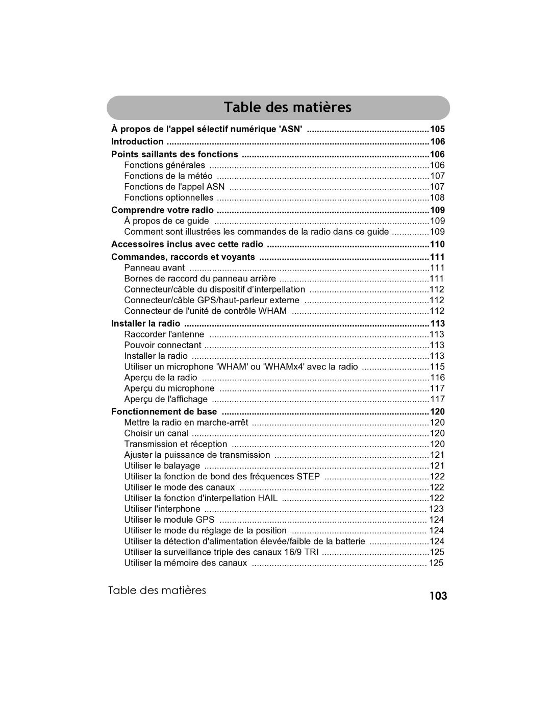 Uniden UM-525 manual Table des matières 103 