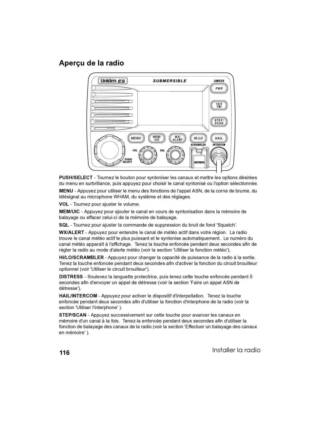 Uniden UM-525 manual Aperçu de la radio 