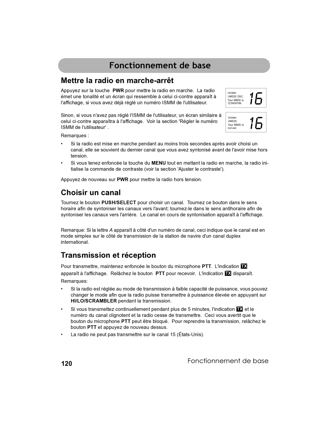 Uniden UM-525 Fonctionnement de base, Mettre la radio en marche-arrêt, Choisir un canal, Transmission et réception, 120 