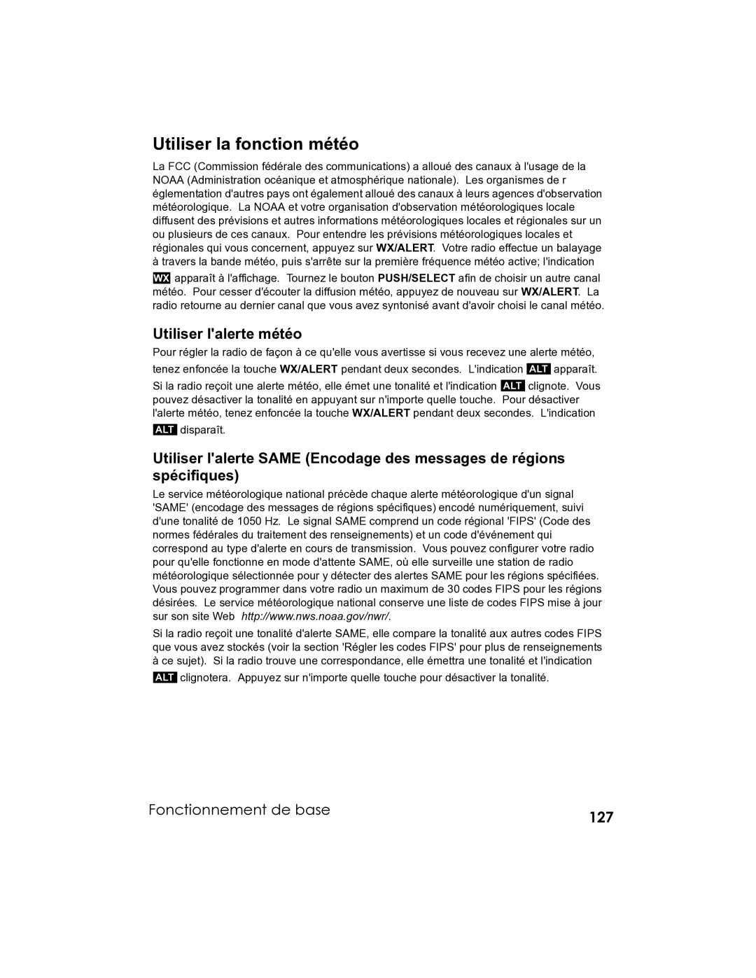 Uniden UM-525 manual Utiliser la fonction météo, Utiliser lalerte météo, Fonctionnement de base 127 