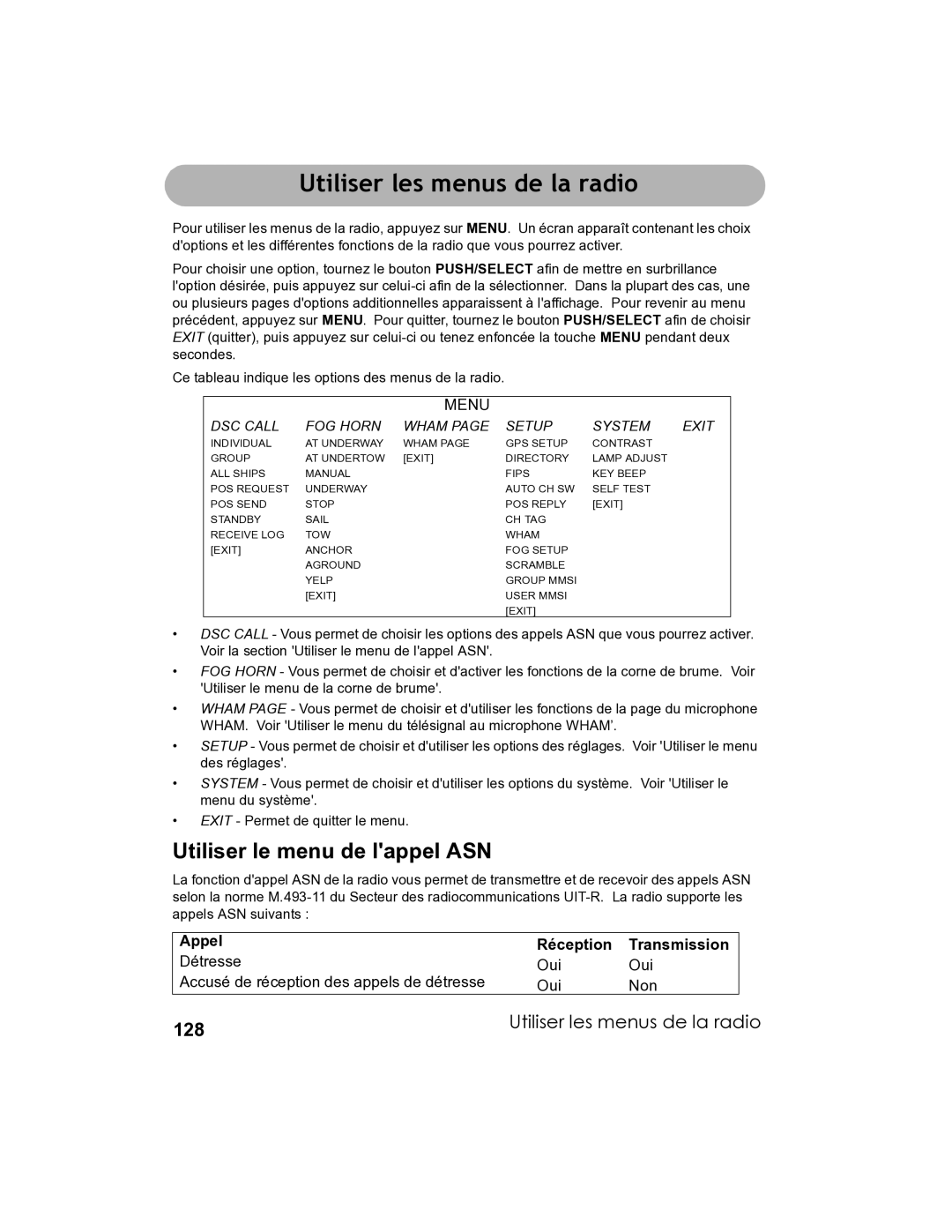 Uniden UM-525 manual Utiliser les menus de la radio, Utiliser le menu de lappel ASN, 128 