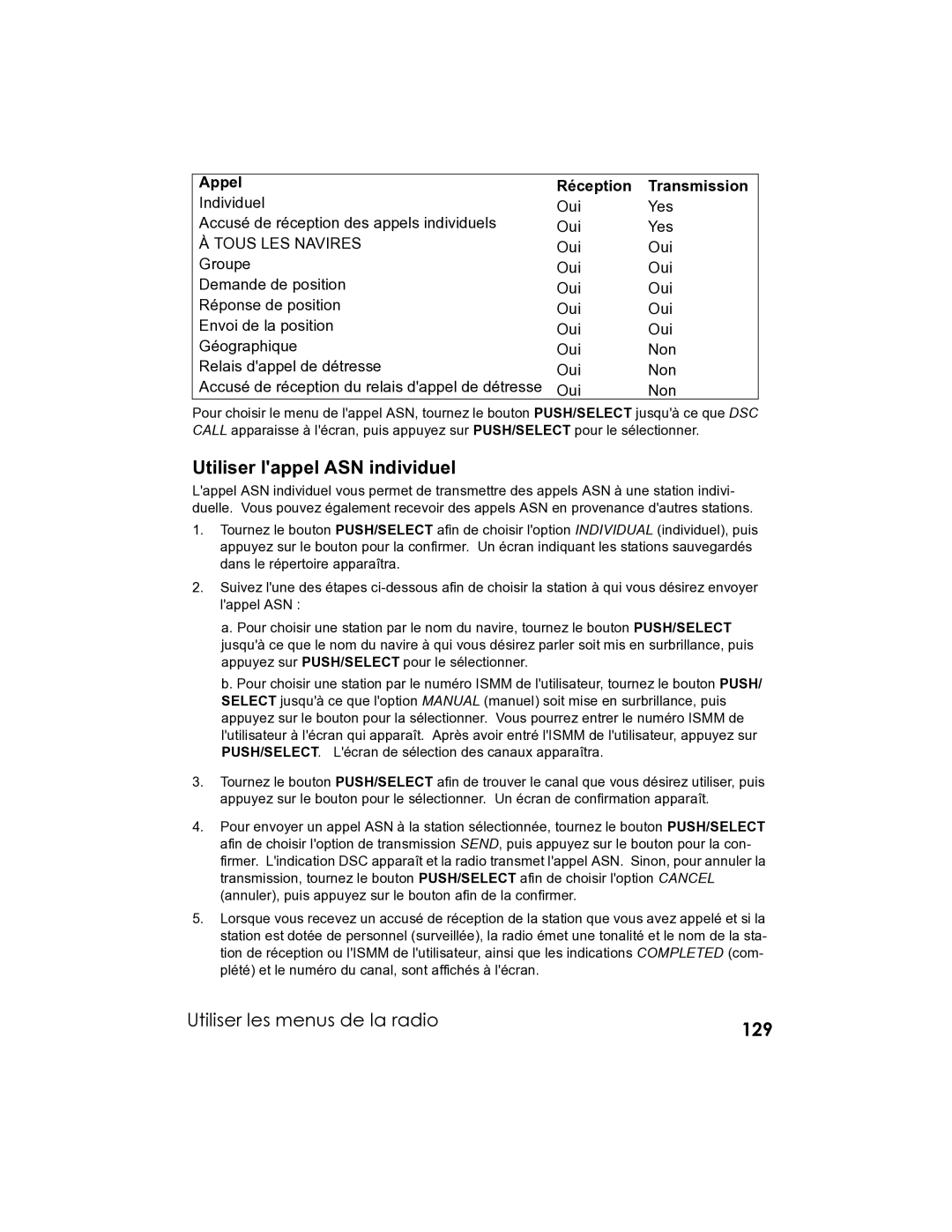 Uniden UM-525 manual Utiliser lappel ASN individuel, Utiliser les menus de la radio 129 