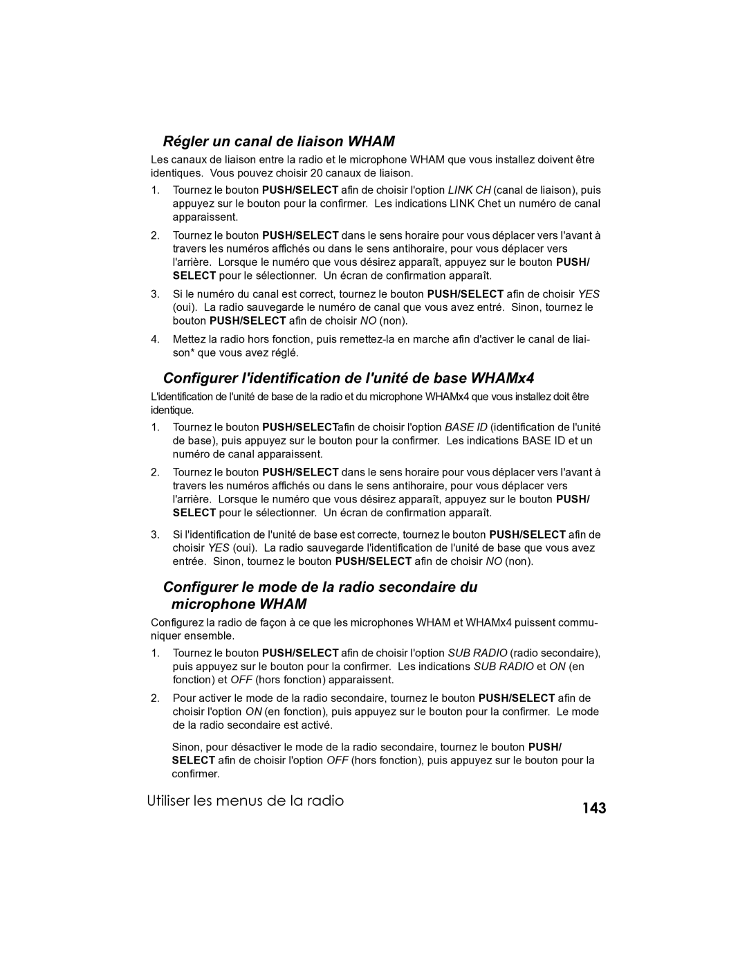 Uniden UM-525 manual Régler un canal de liaison Wham, Configurer lidentification de lunité de base WHAMx4 