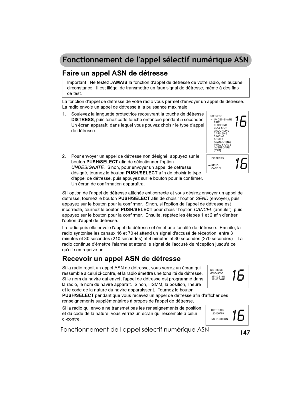 Uniden UM-525 manual Fonctionnement de lappel sélectif numérique ASN, Faire un appel ASN de détresse, 147 