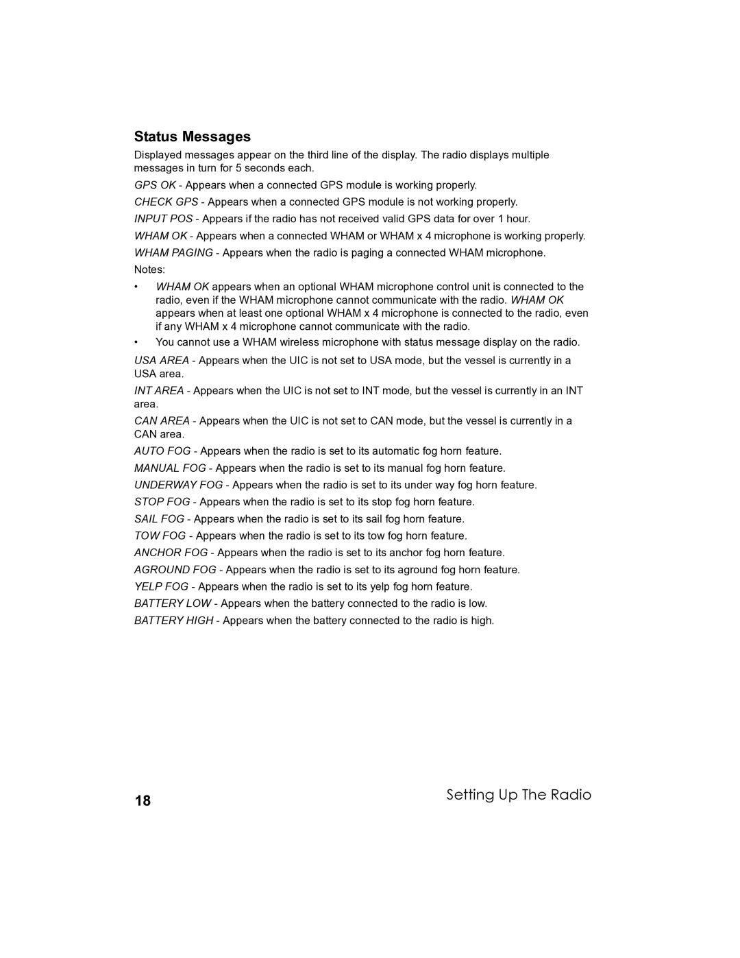 Uniden UM-525 manual Status Messages 