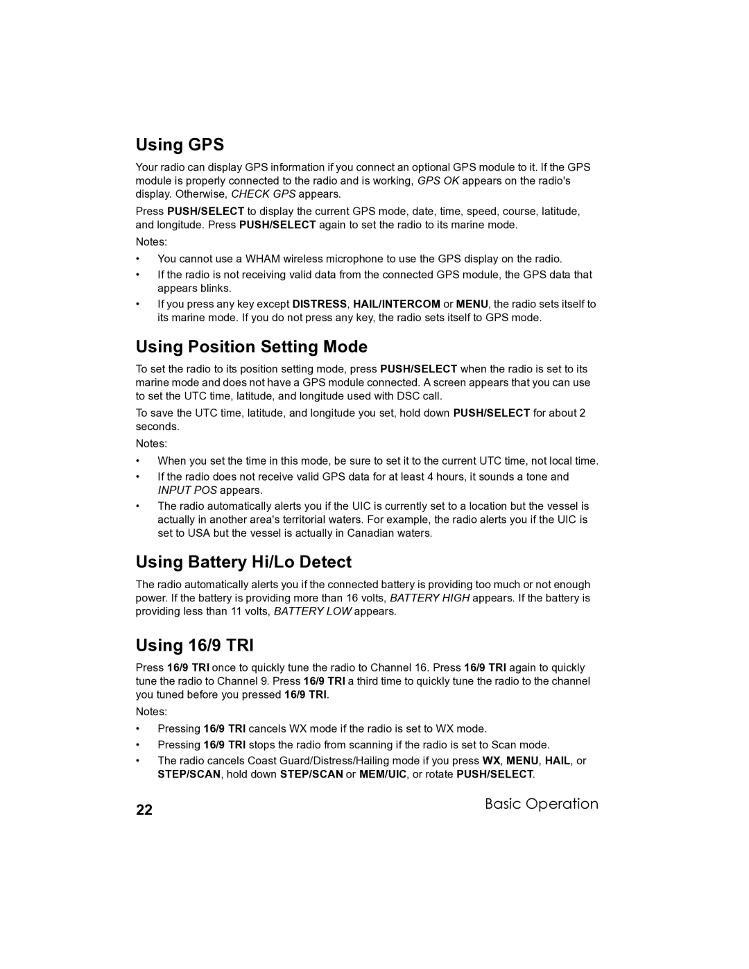 Uniden UM-525 manual Using GPS, Using Position Setting Mode, Using Battery Hi/Lo Detect, Using 16/9 TRI 