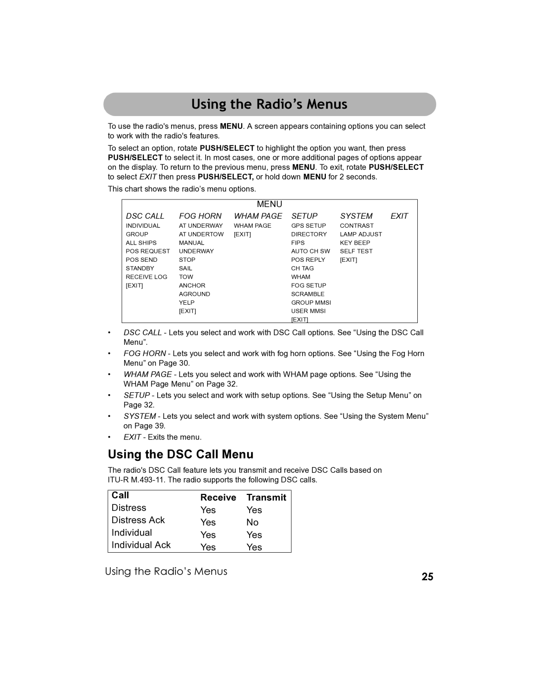 Uniden UM-525 manual Using the Radio’s Menus, Using the DSC Call Menu 