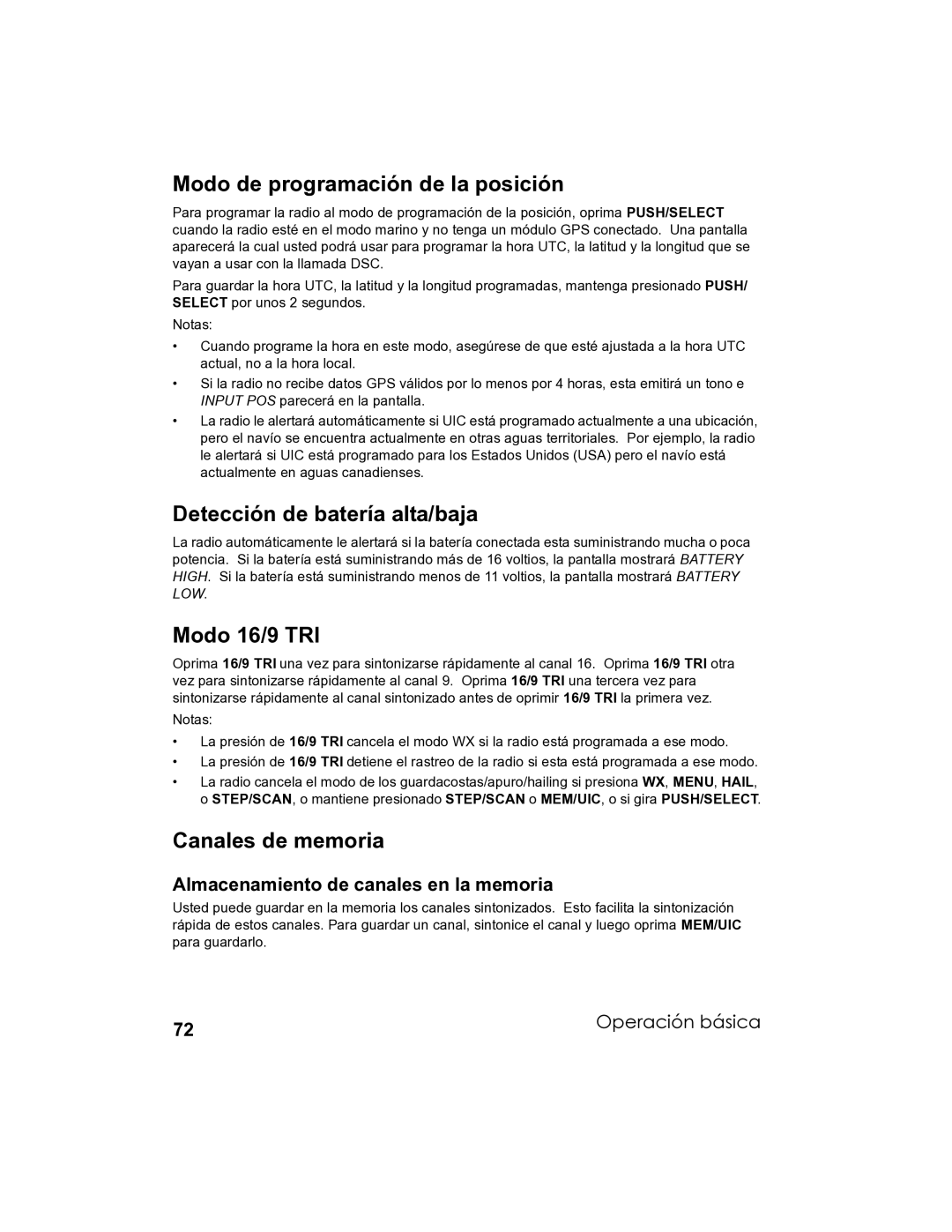 Uniden UM-525 manual Modo de programación de la posición, Detección de batería alta/baja, Modo 16/9 TRI, Canales de memoria 