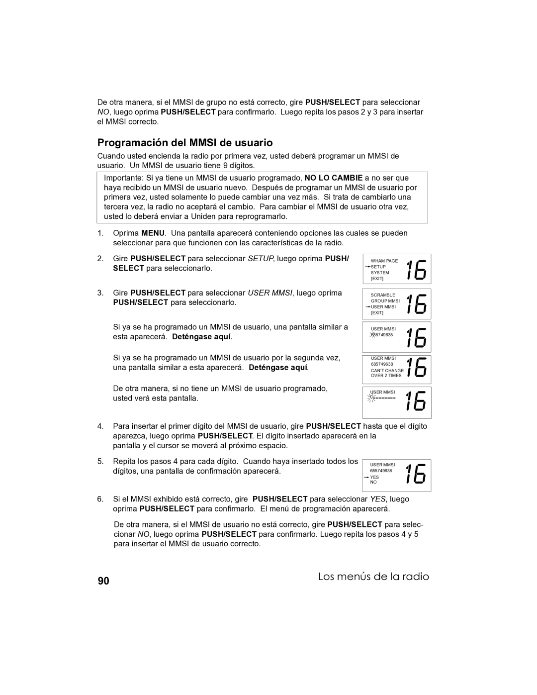 Uniden UM-525 manual Programación del Mmsi de usuario 