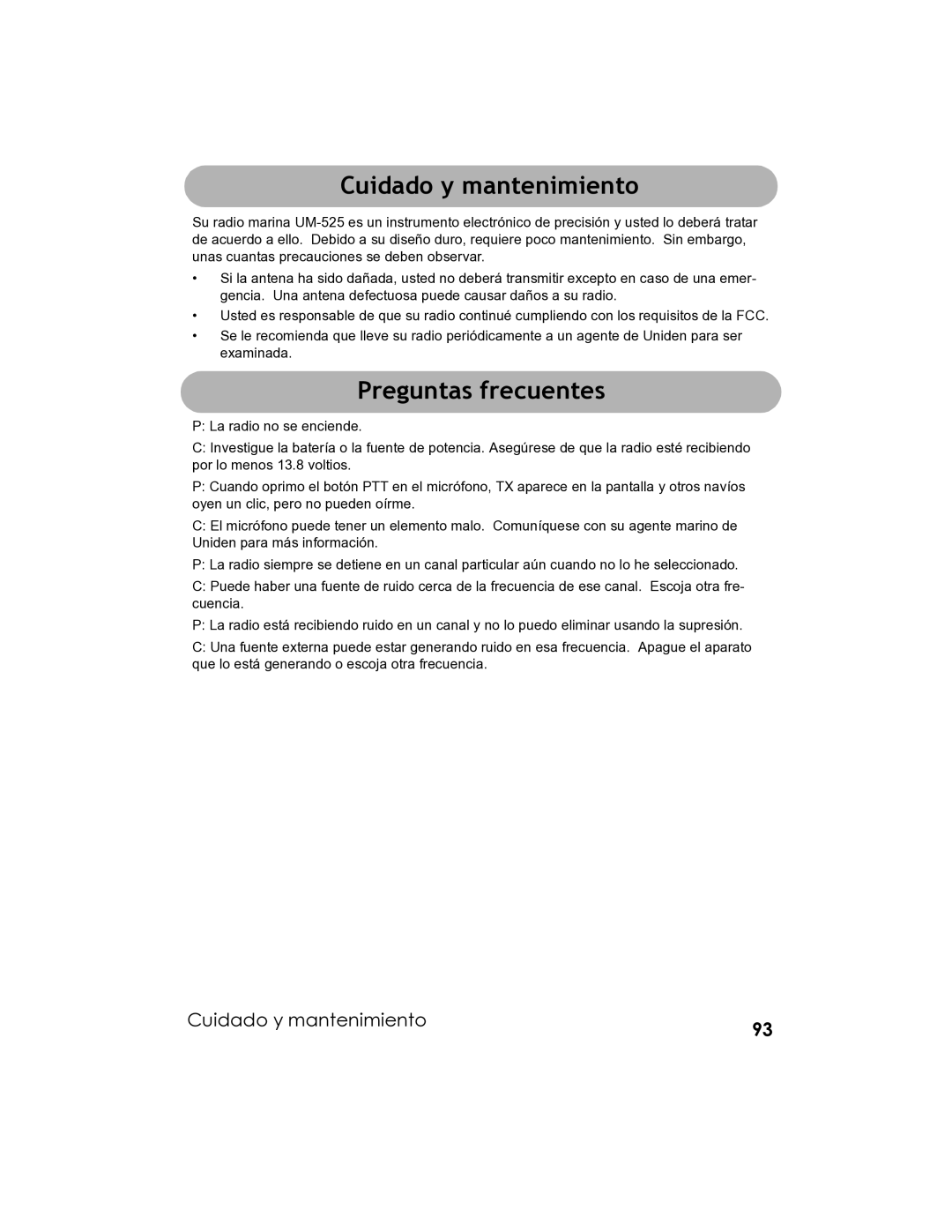 Uniden UM-525 manual Cuidado y mantenimiento, Preguntas frecuentes 