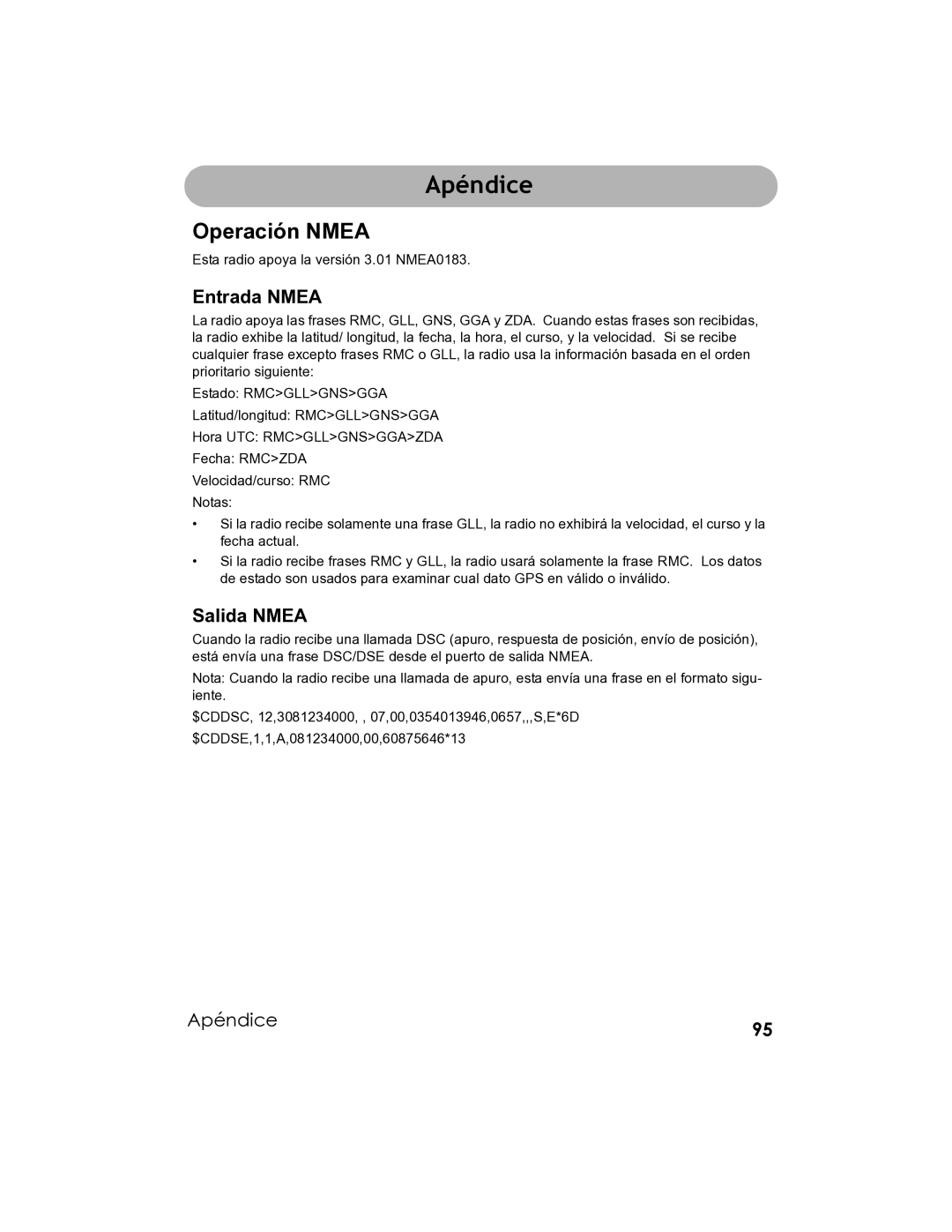 Uniden UM-525 manual Apéndice, Operación Nmea, Entrada Nmea, Salida Nmea 