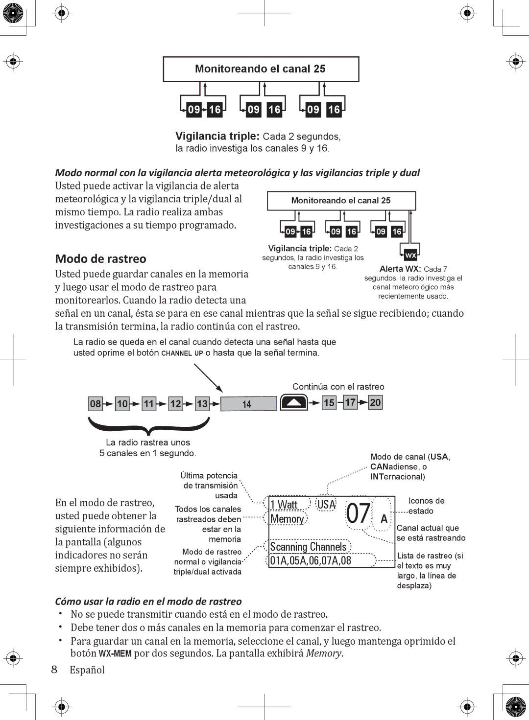 Uniden UM380 owner manual Modo de rastreo, Monitoreando el canal, Cómo usar la radio en el modo de rastreo 