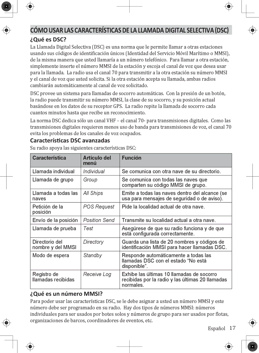 Uniden UM380 owner manual ¿Qué es DSC?, Características DSC avanzadas, ¿Qué es un número MMSI? 