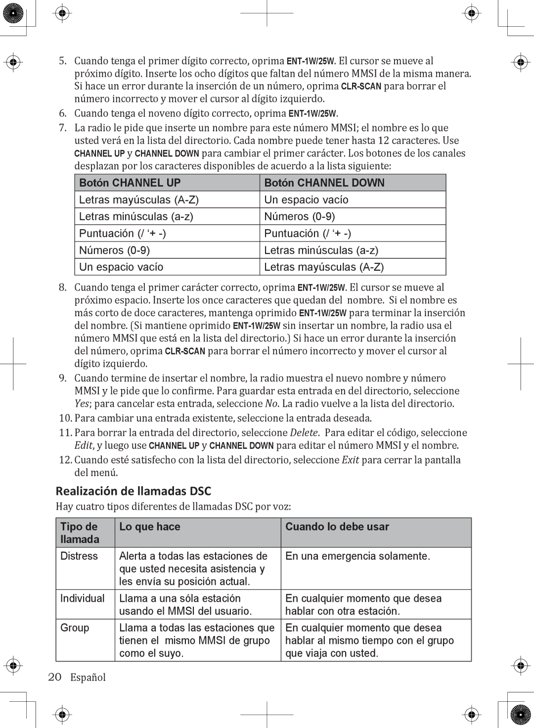 Uniden UM380 owner manual Realización de llamadas DSC, Botón Channel UP Botón Channel Down 