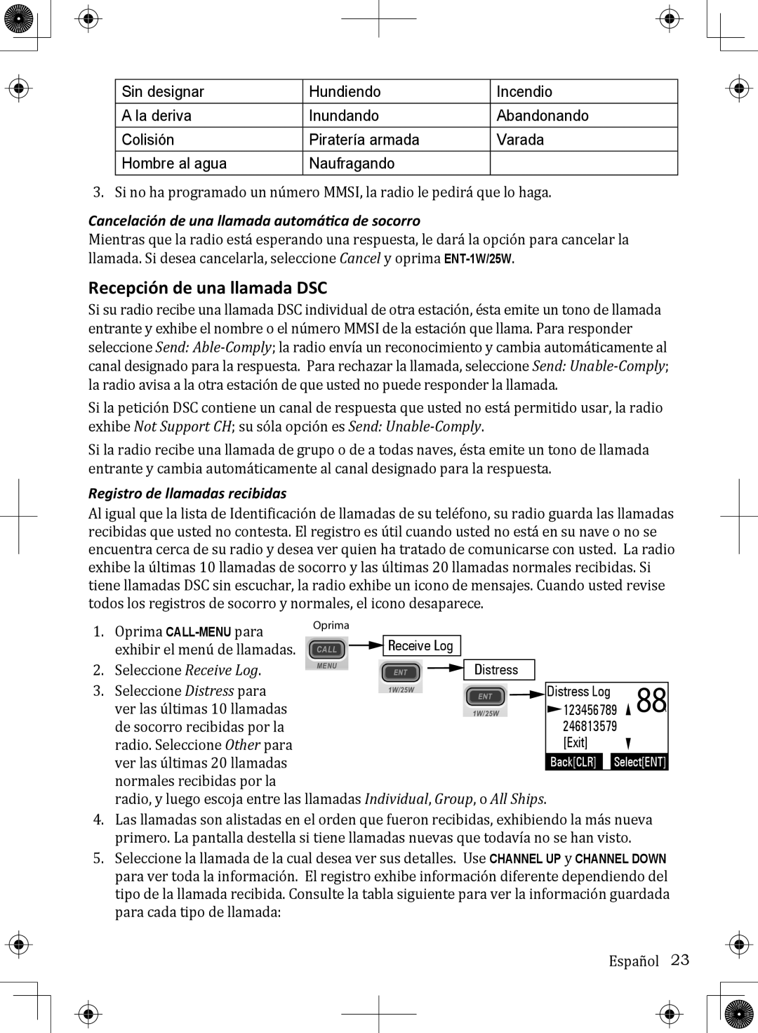 Uniden UM380 owner manual Recepción de una llamada DSC, Cancelación de una llamada automática de socorro 