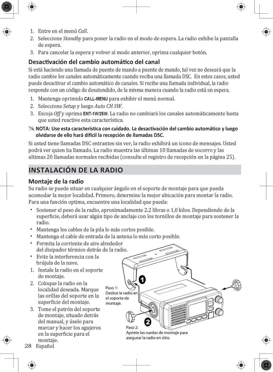 Uniden UM380 owner manual Desactivación del cambio automático del canal, Montaje de la radio 