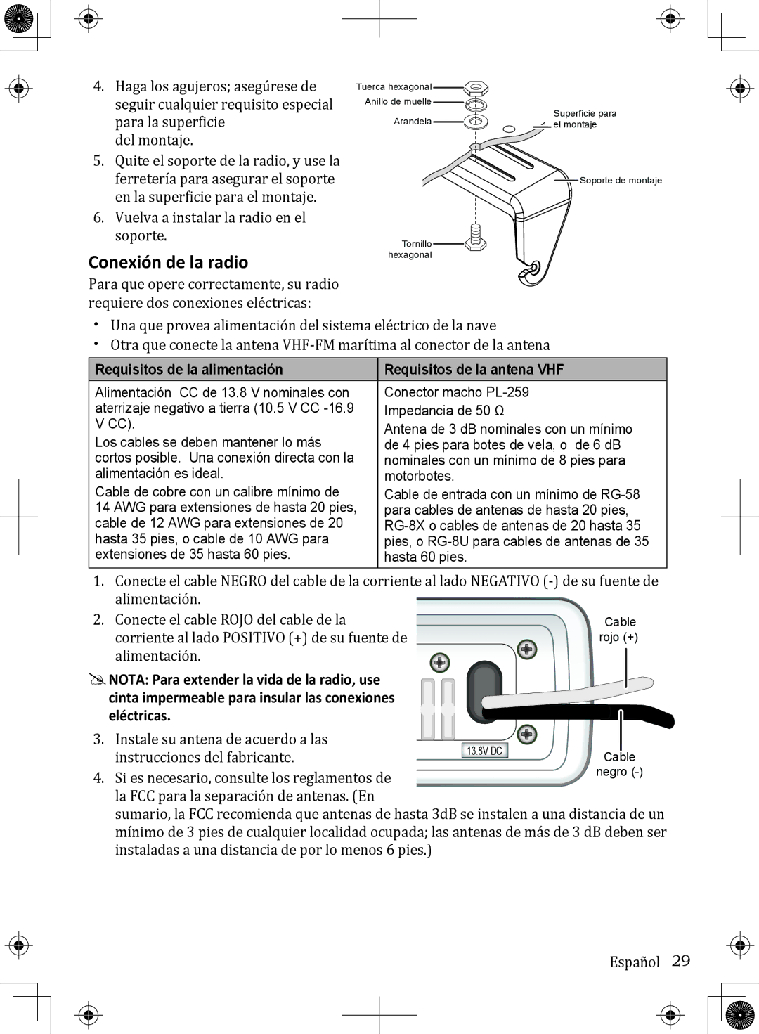 Uniden UM380 owner manual Conexión de la radio, Requisitos de la alimentación Requisitos de la antena VHF 