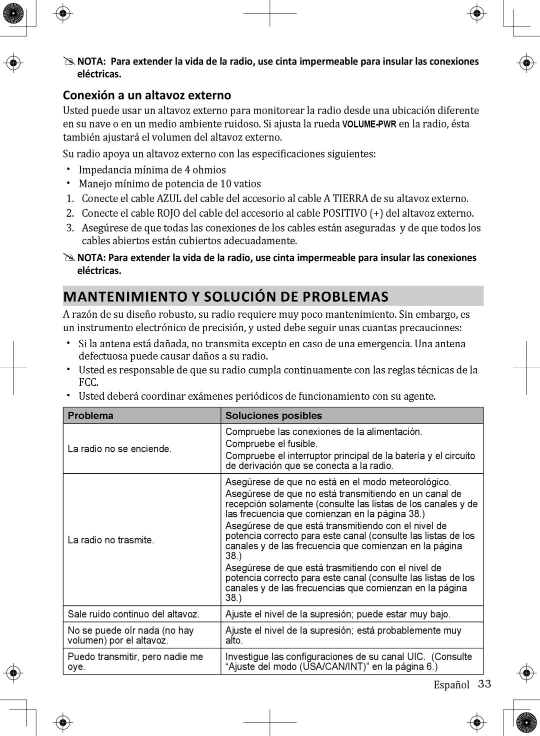 Uniden UM380 owner manual Mantenimiento Y Solución DE Problemas, Conexión a un altavoz externo 