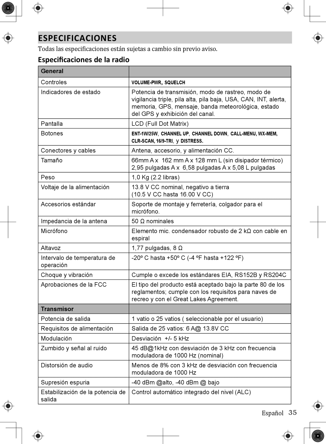 Uniden UM380 owner manual Especificaciones de la radio 