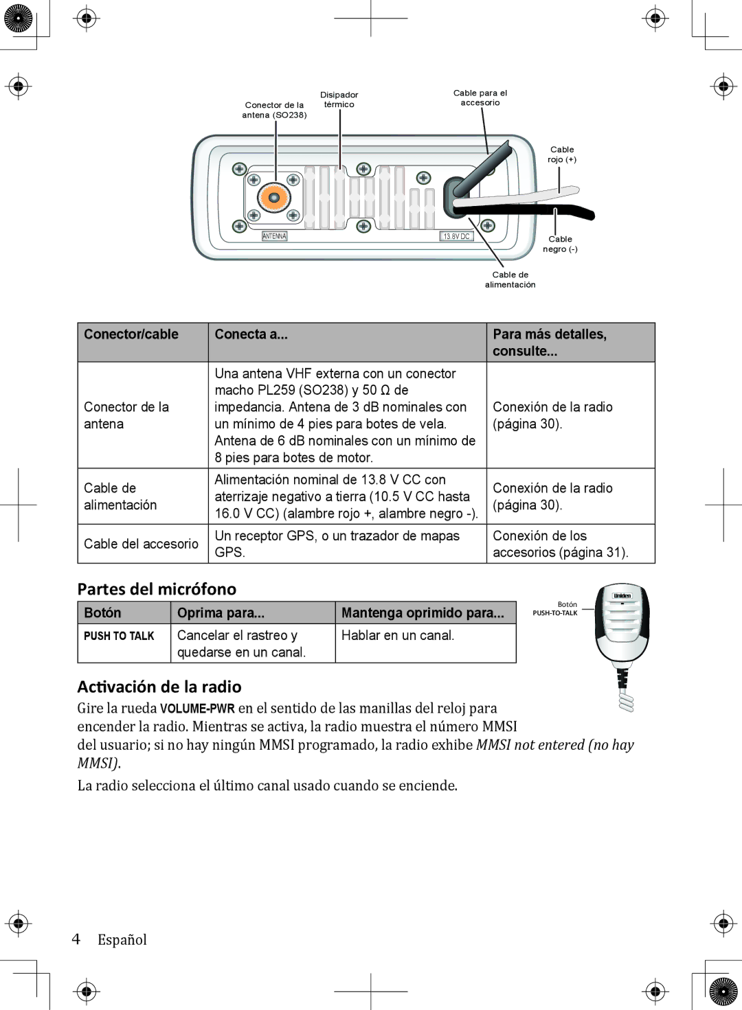 Uniden UM380 owner manual Partes del micrófono, Activación de la radio 